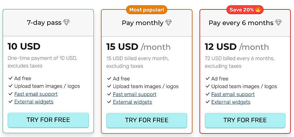 Pricing screenshot