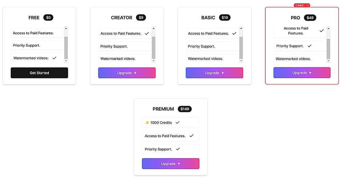 Pricing screenshot