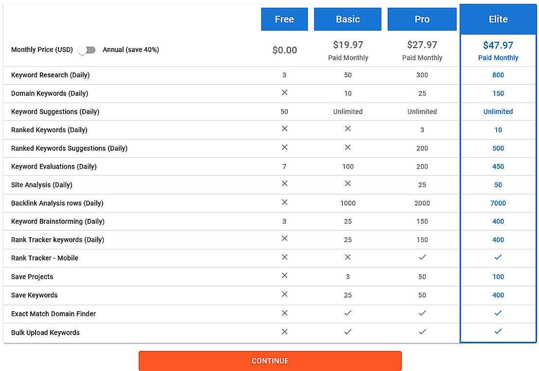 Pricing screenshot