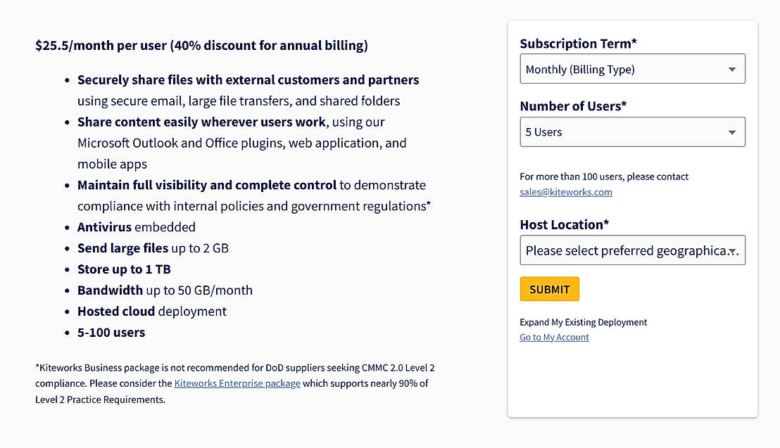 Pricing screenshot
