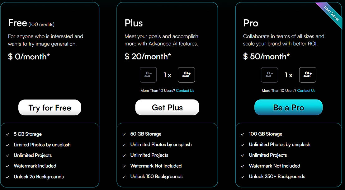 Pricing screenshot
