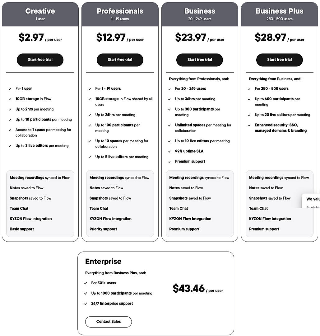Pricing screenshot