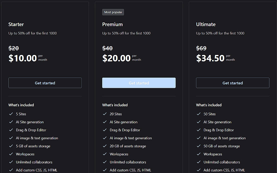 Pricing screenshot