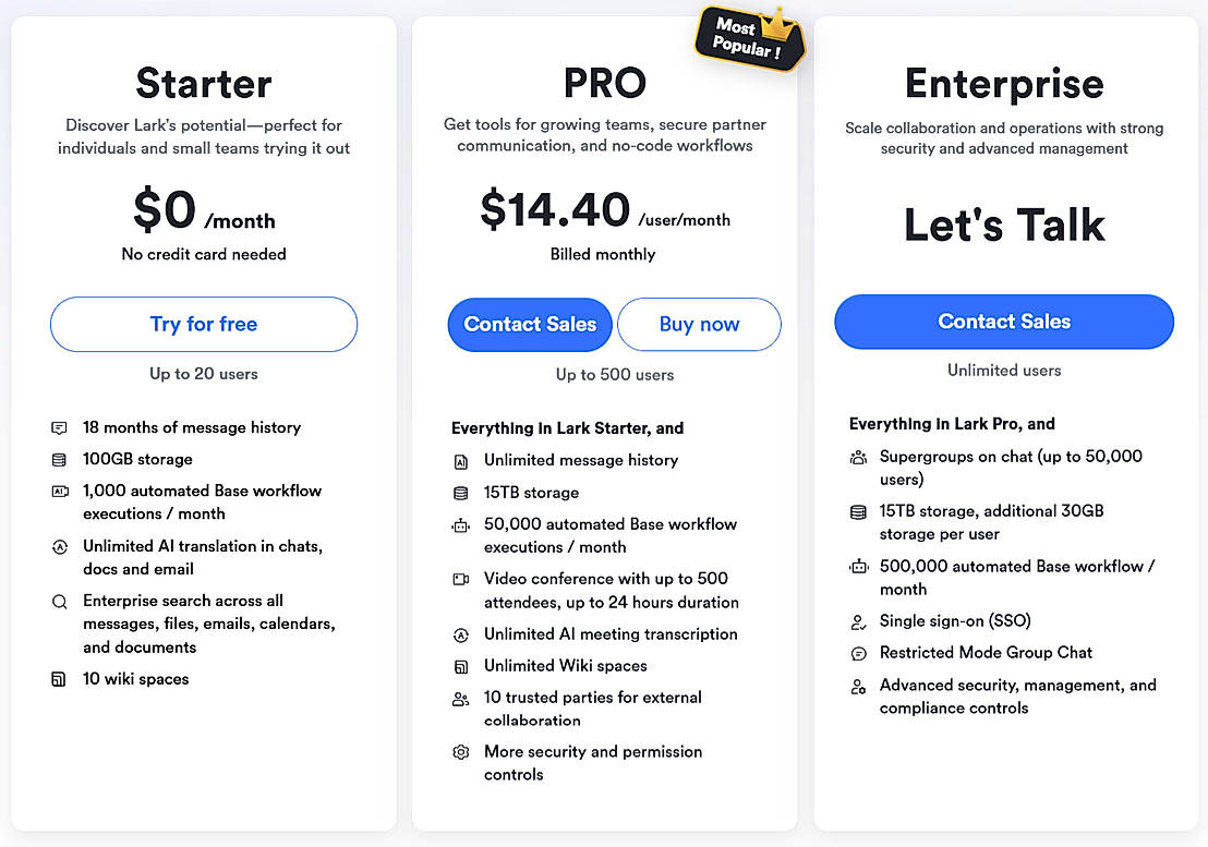 Pricing screenshot