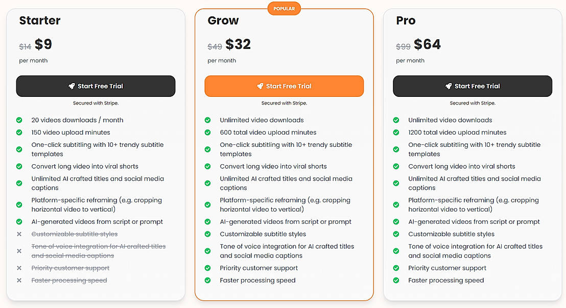 Pricing screenshot