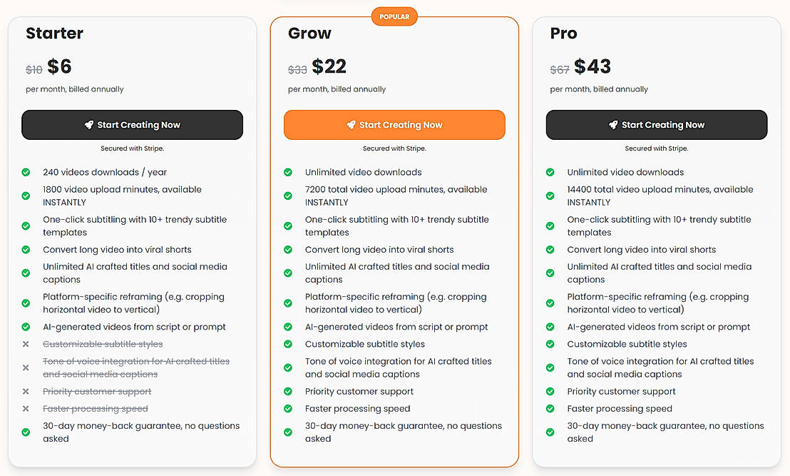 Pricing screenshot