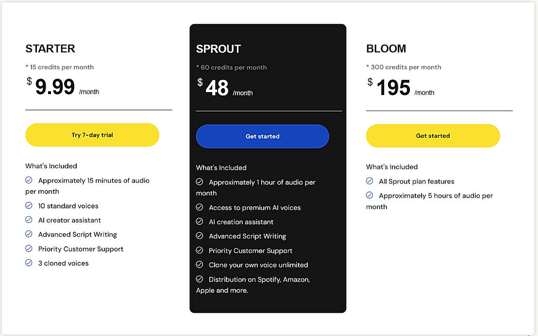 Pricing screenshot