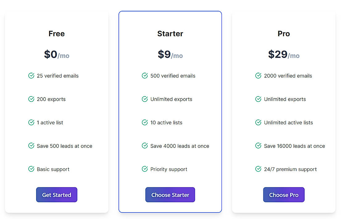 Pricing screenshot