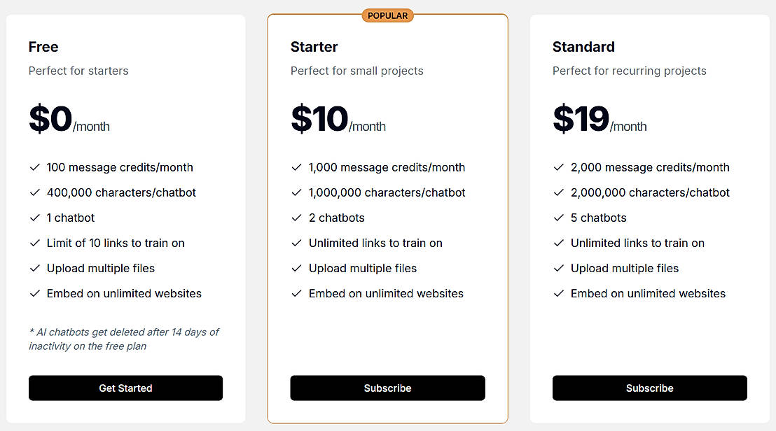 Pricing screenshot