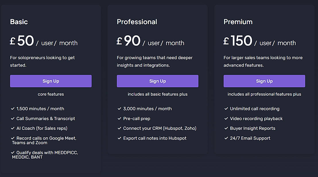 Pricing screenshot