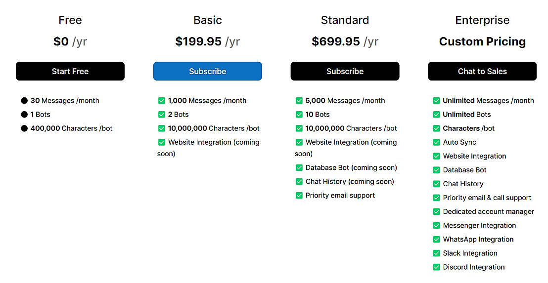 Pricing screenshot
