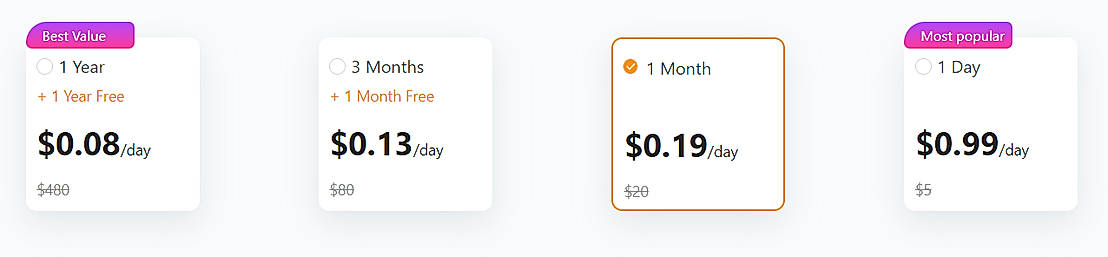 Pricing screenshot