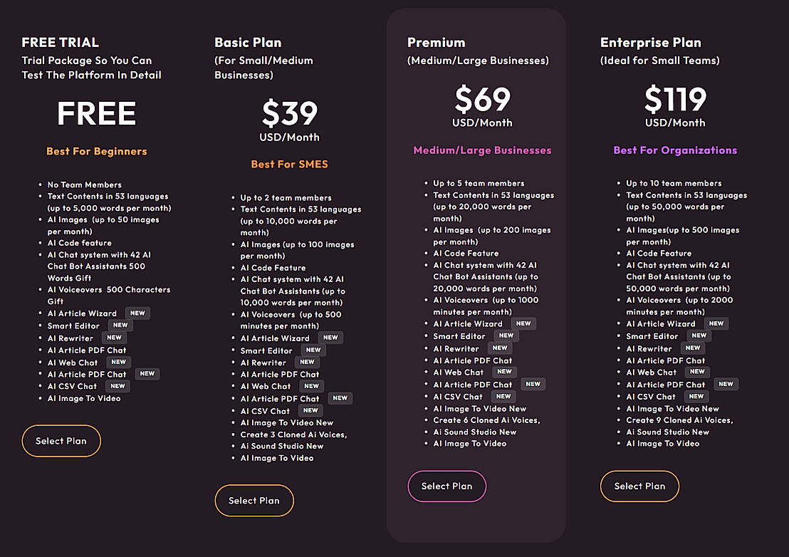 Pricing screenshot