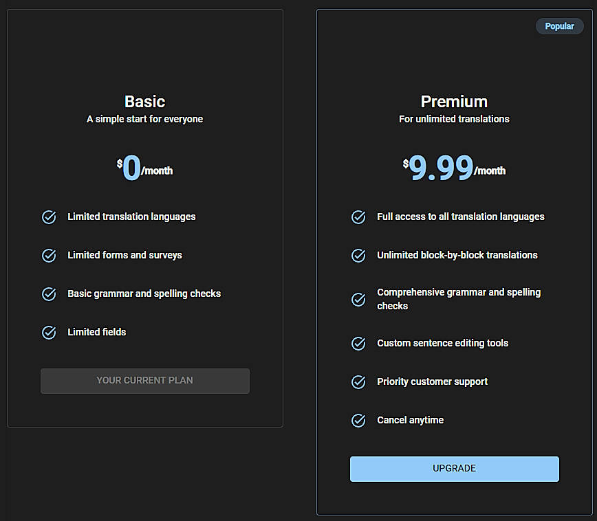 Pricing screenshot