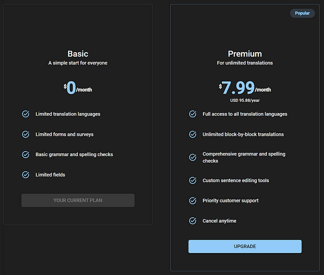 Pricing screenshot