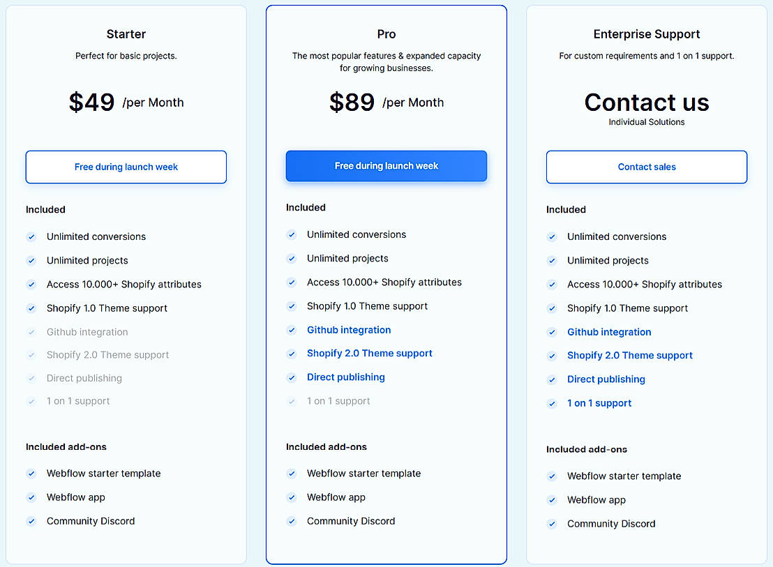 Pricing screenshot