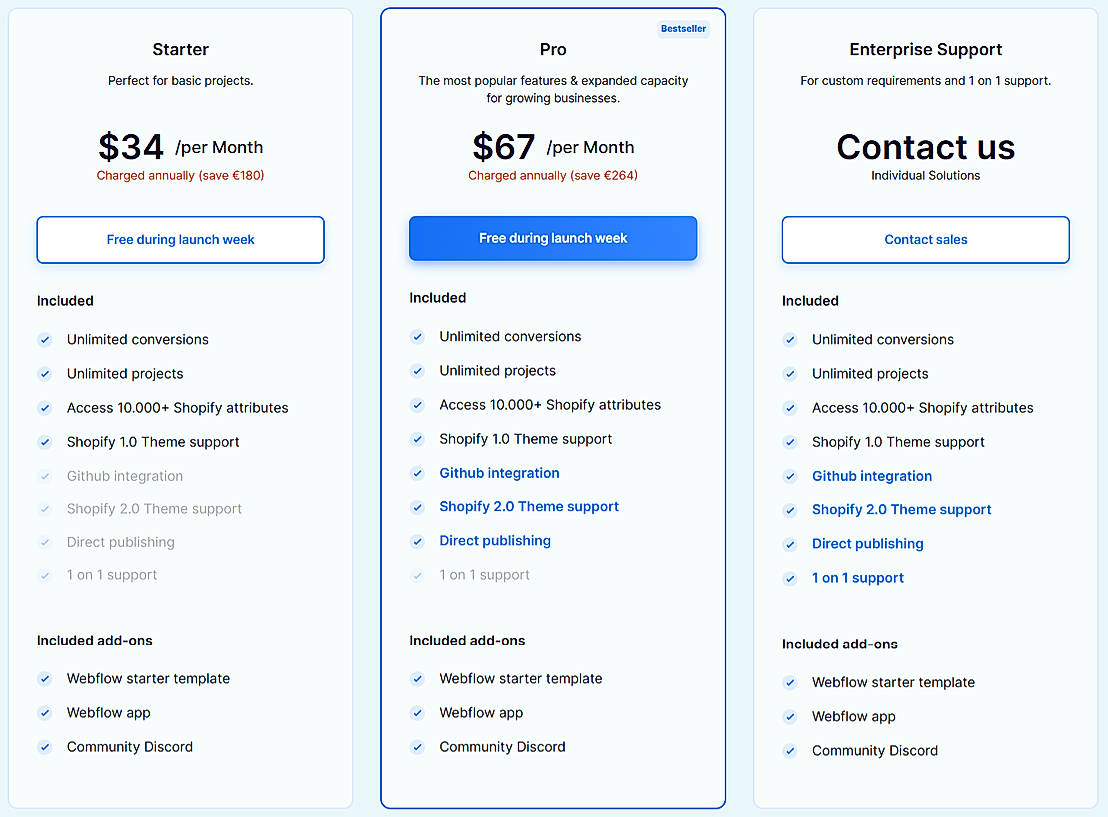 Pricing screenshot