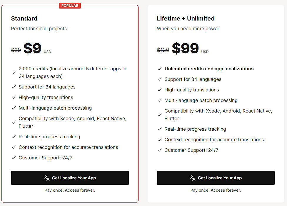 Pricing screenshot