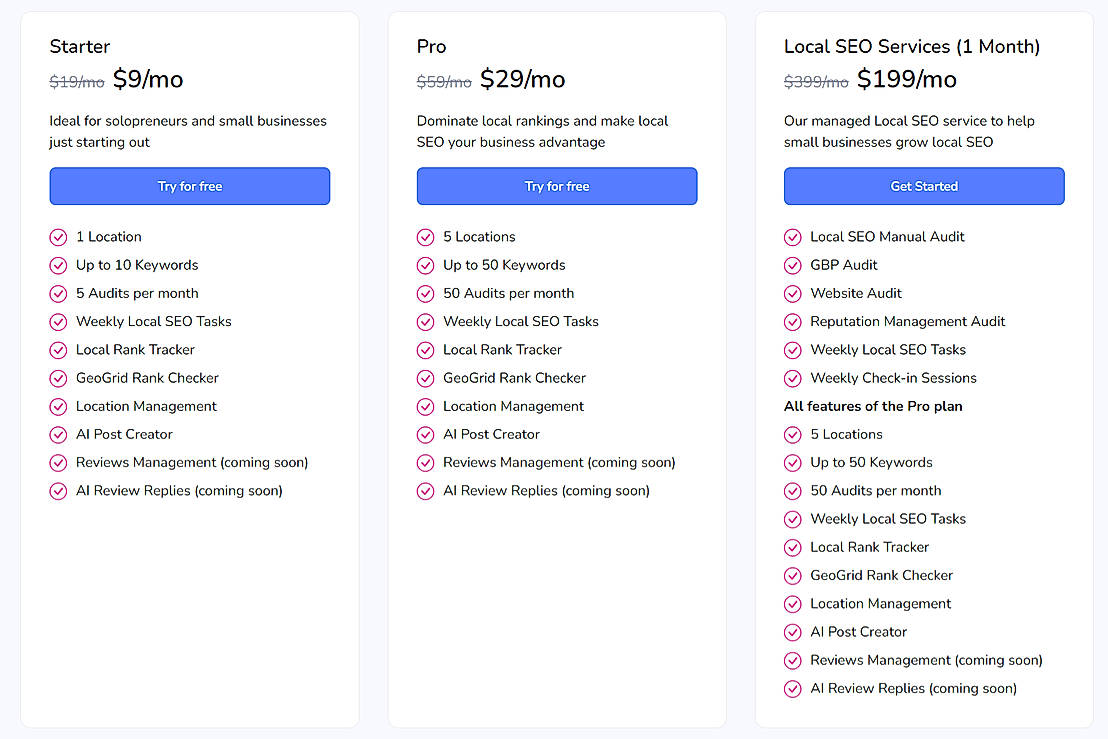 Pricing screenshot