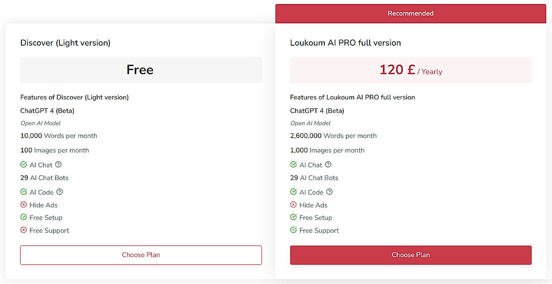 Pricing screenshot