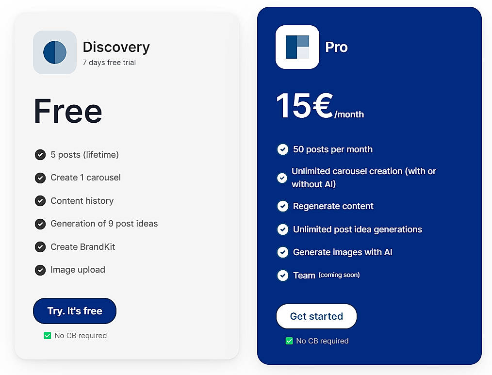 Pricing screenshot