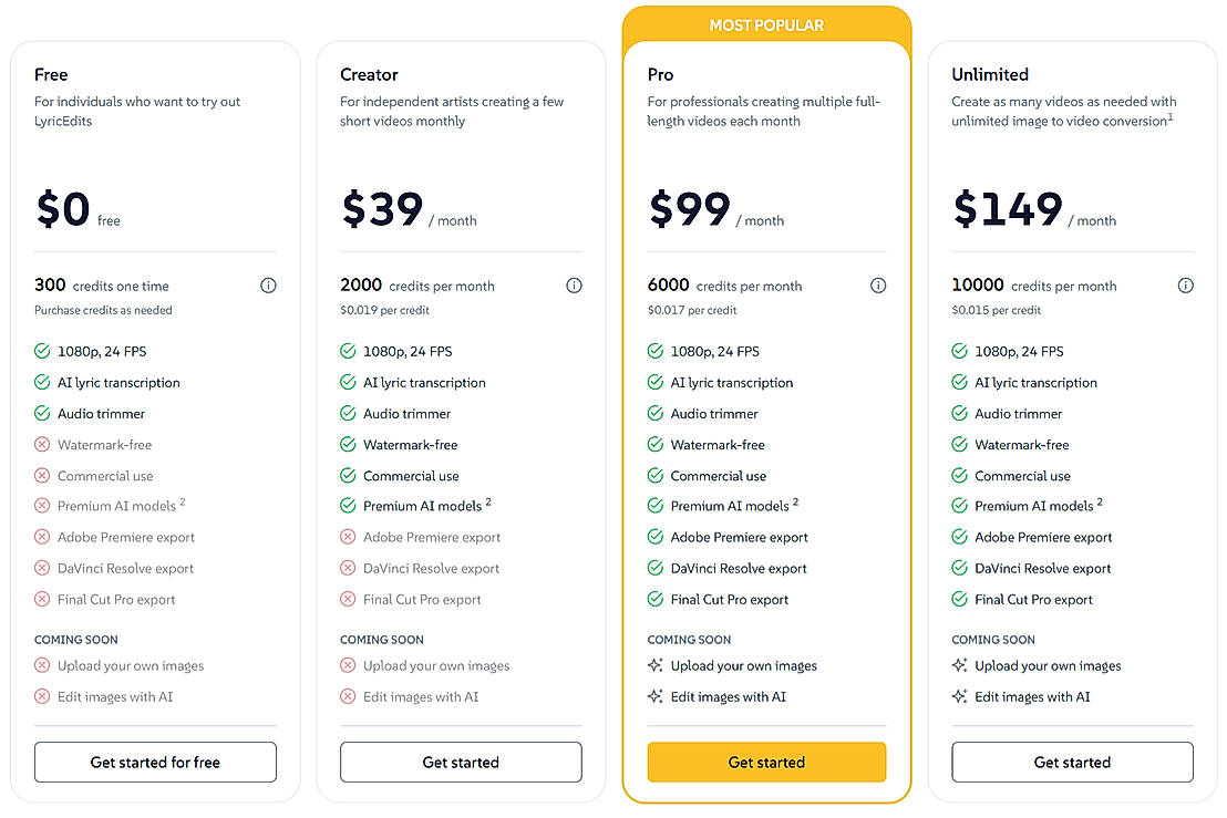 Pricing screenshot