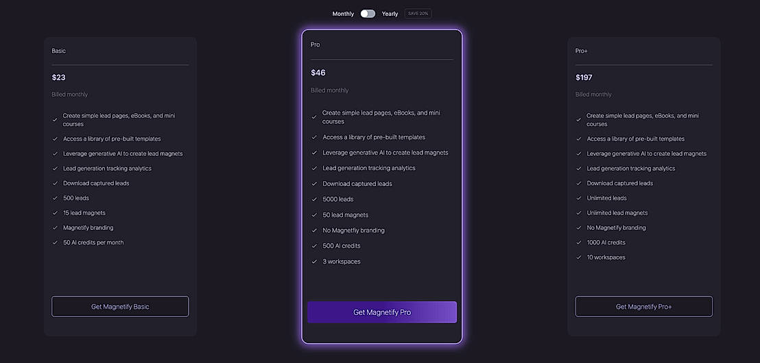 Pricing screenshot