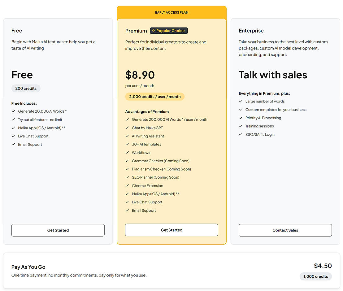 Pricing screenshot