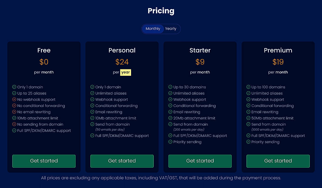 Pricing screenshot