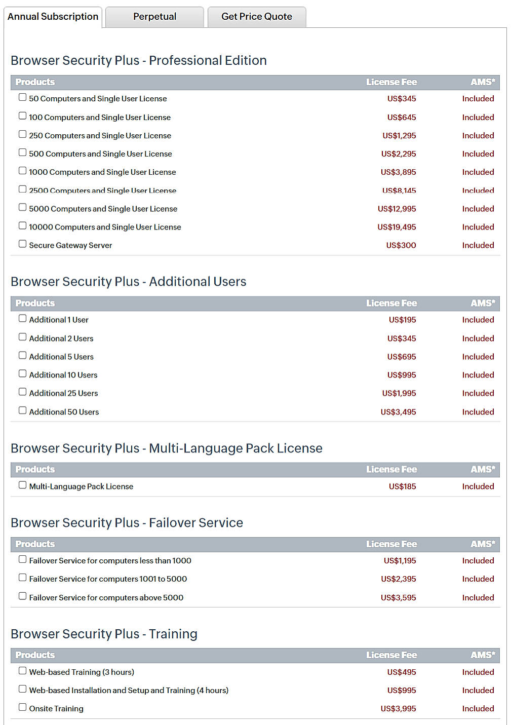 Pricing screenshot