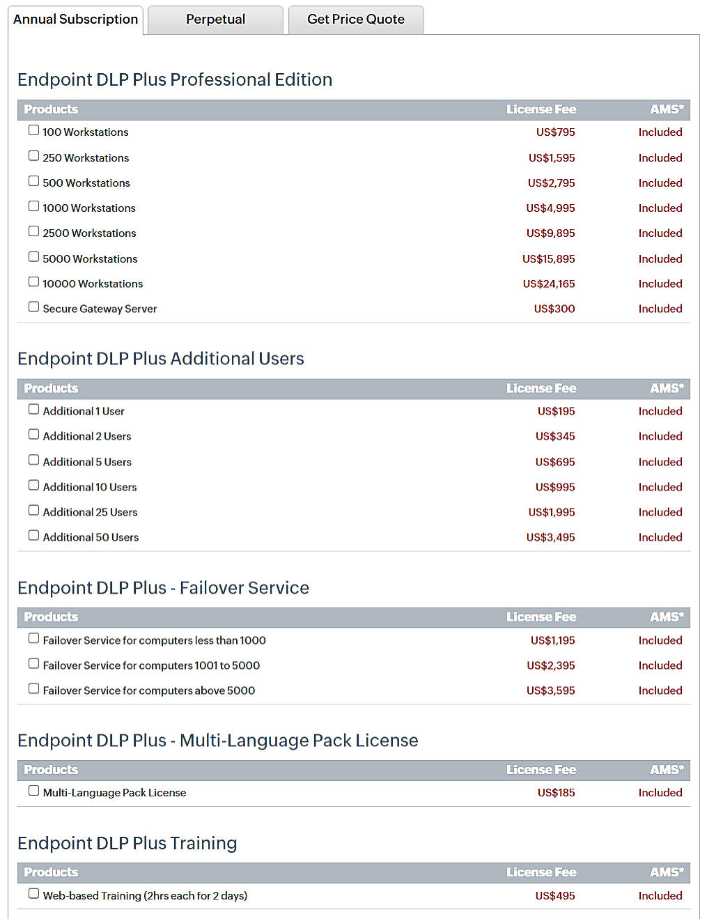 Pricing screenshot