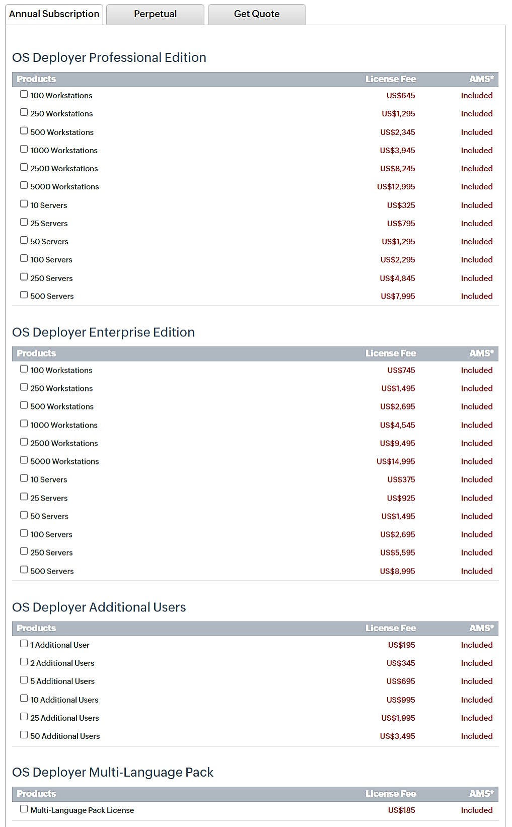 Pricing screenshot
