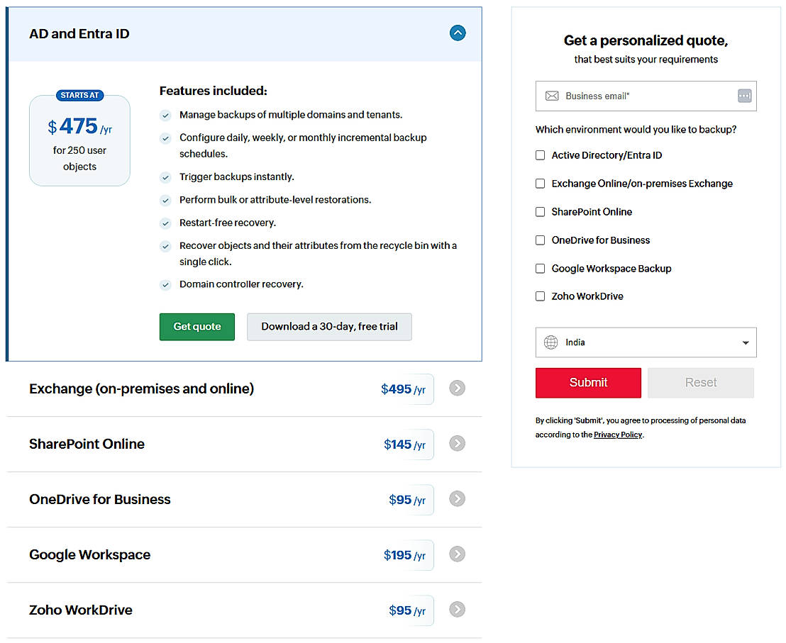 Pricing screenshot