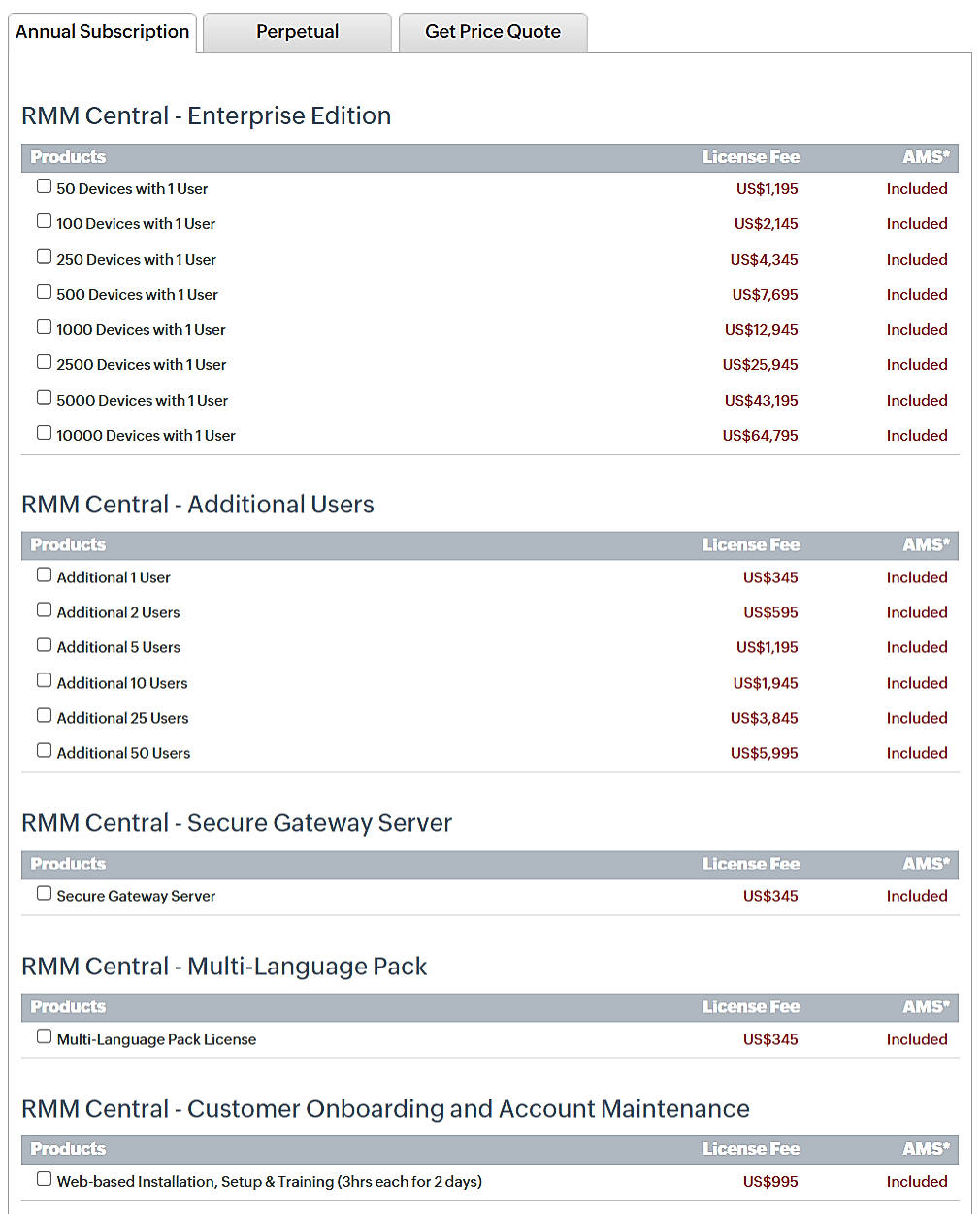 Pricing screenshot