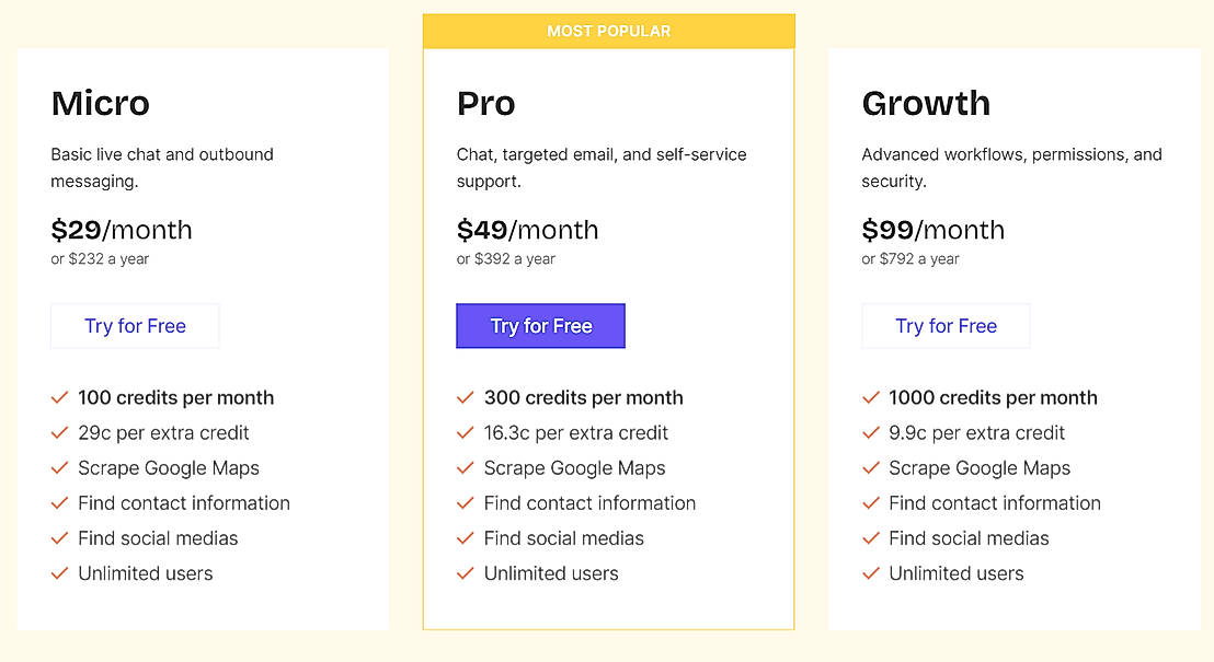 Pricing screenshot