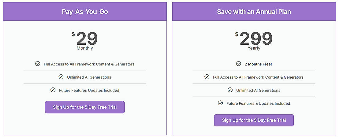 Pricing screenshot