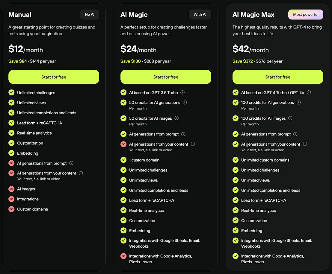 Pricing screenshot