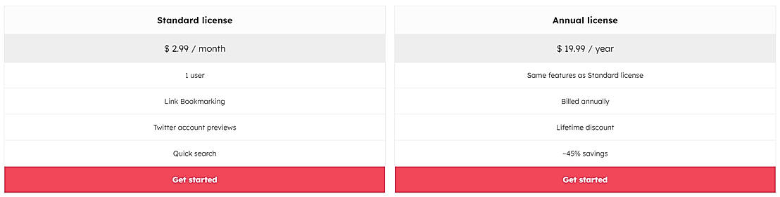Pricing screenshot
