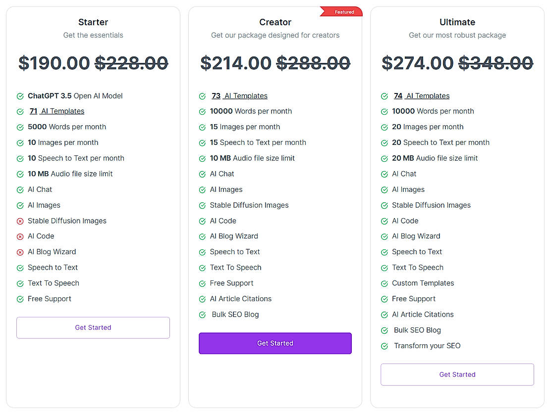 Pricing screenshot