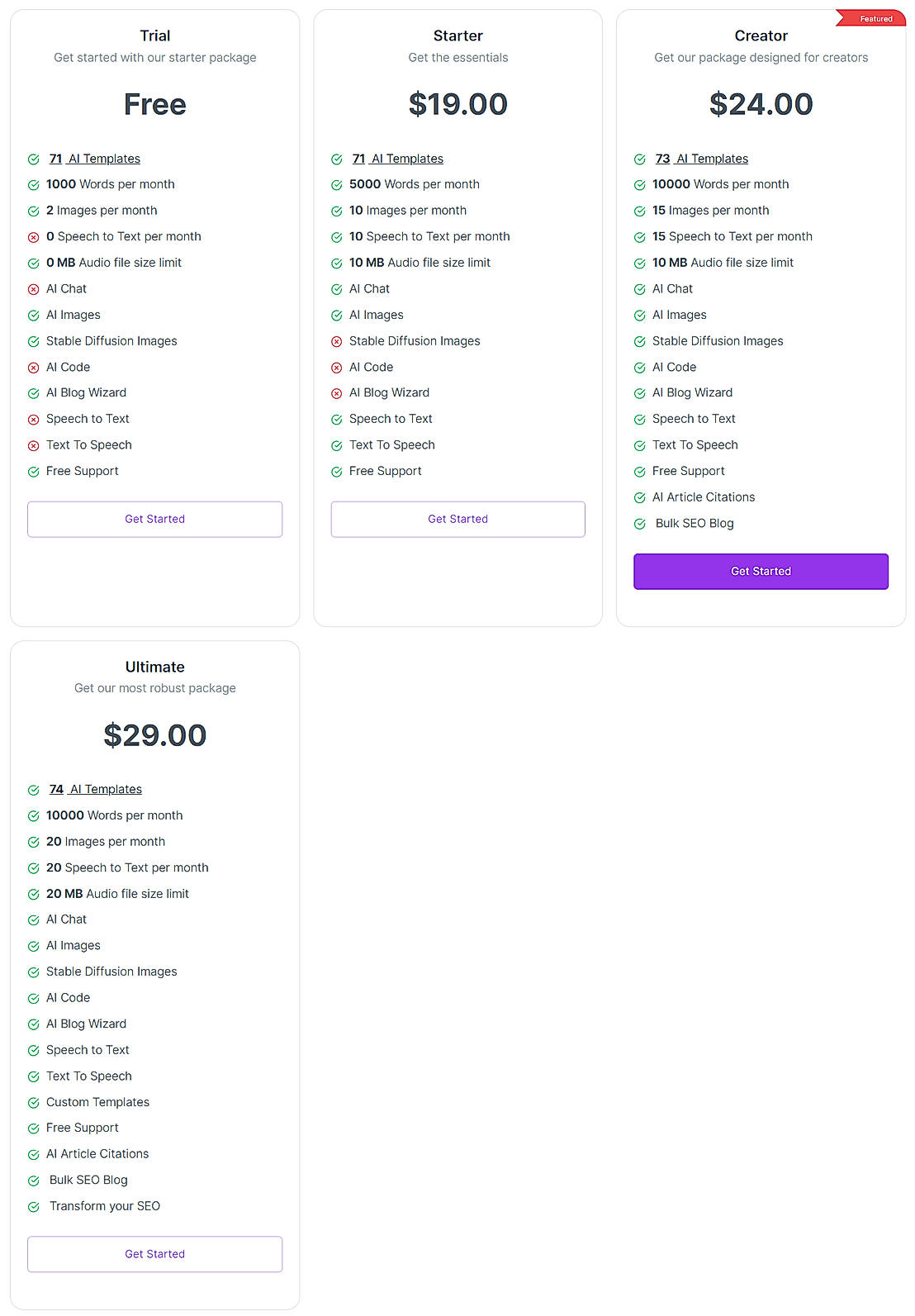 Pricing screenshot
