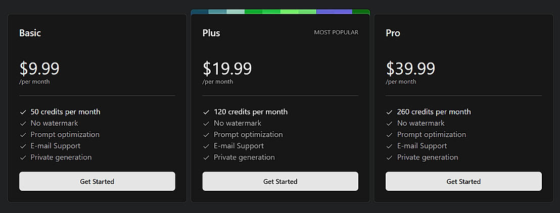 Pricing screenshot