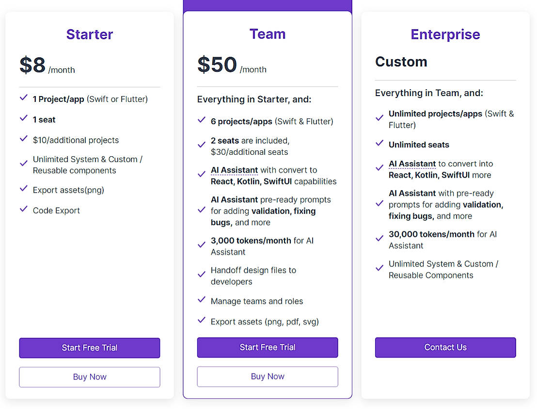 Pricing screenshot