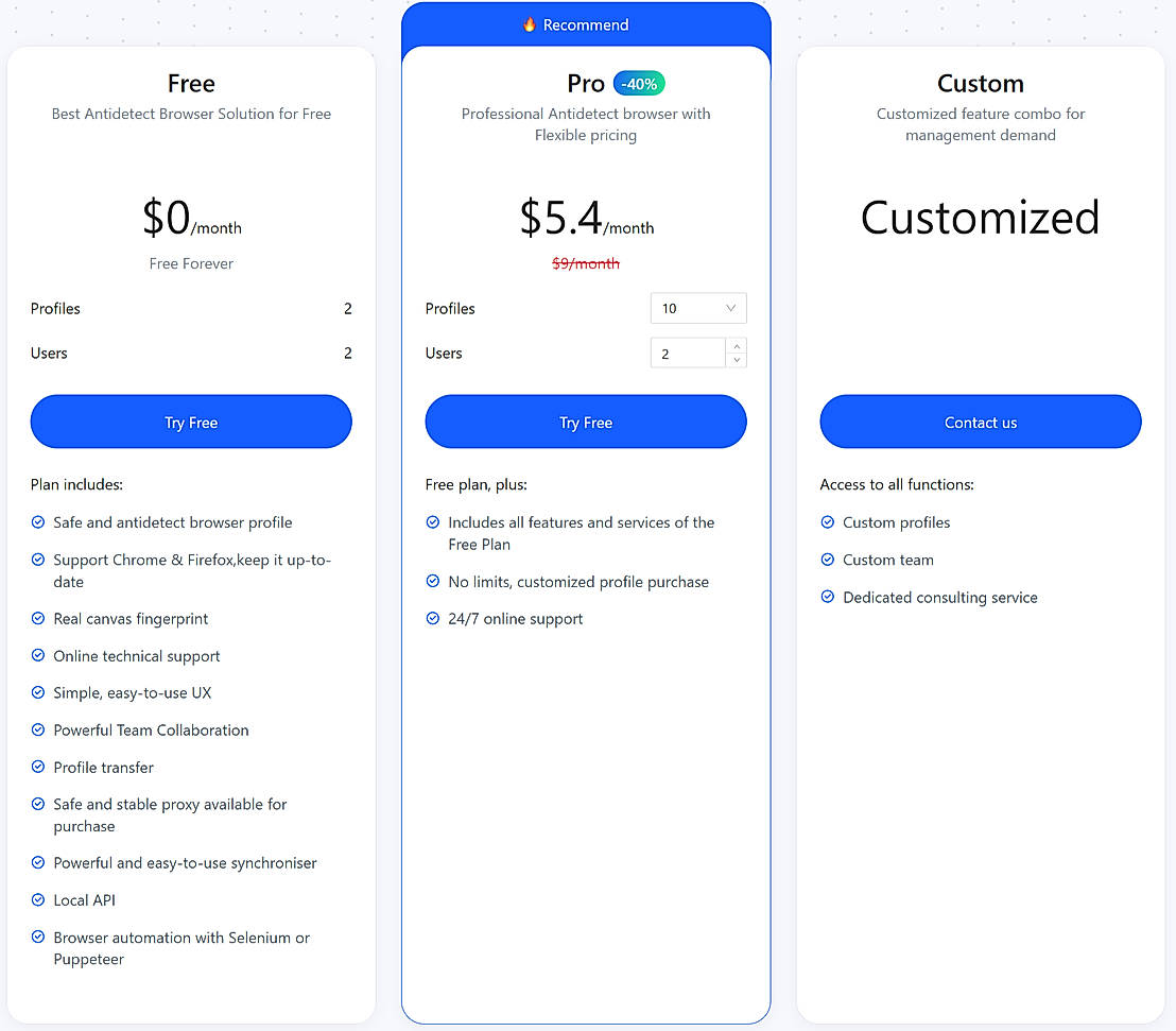 Pricing screenshot