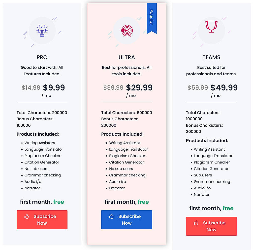 Pricing screenshot