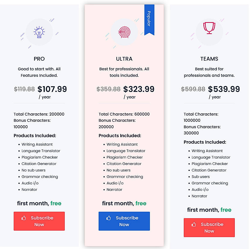 Pricing screenshot