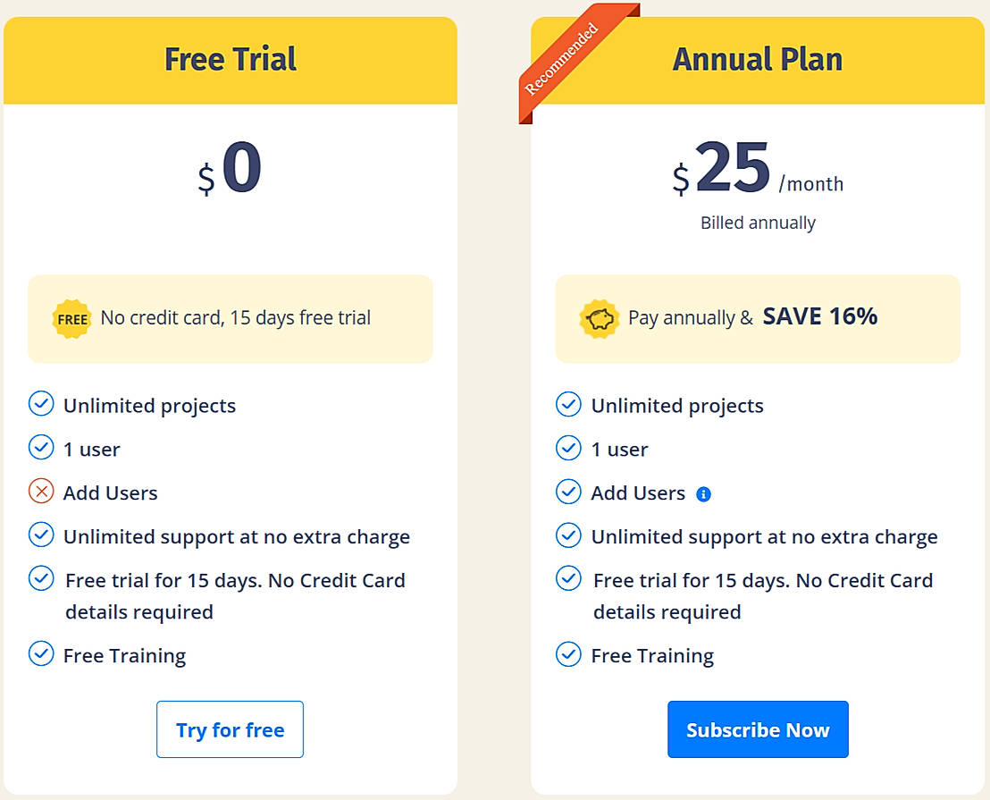 Pricing screenshot