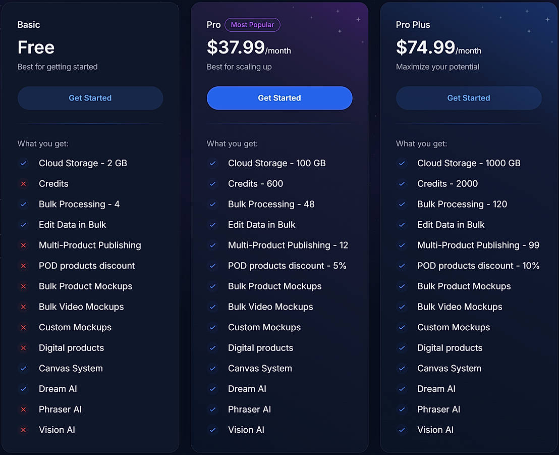 Pricing screenshot