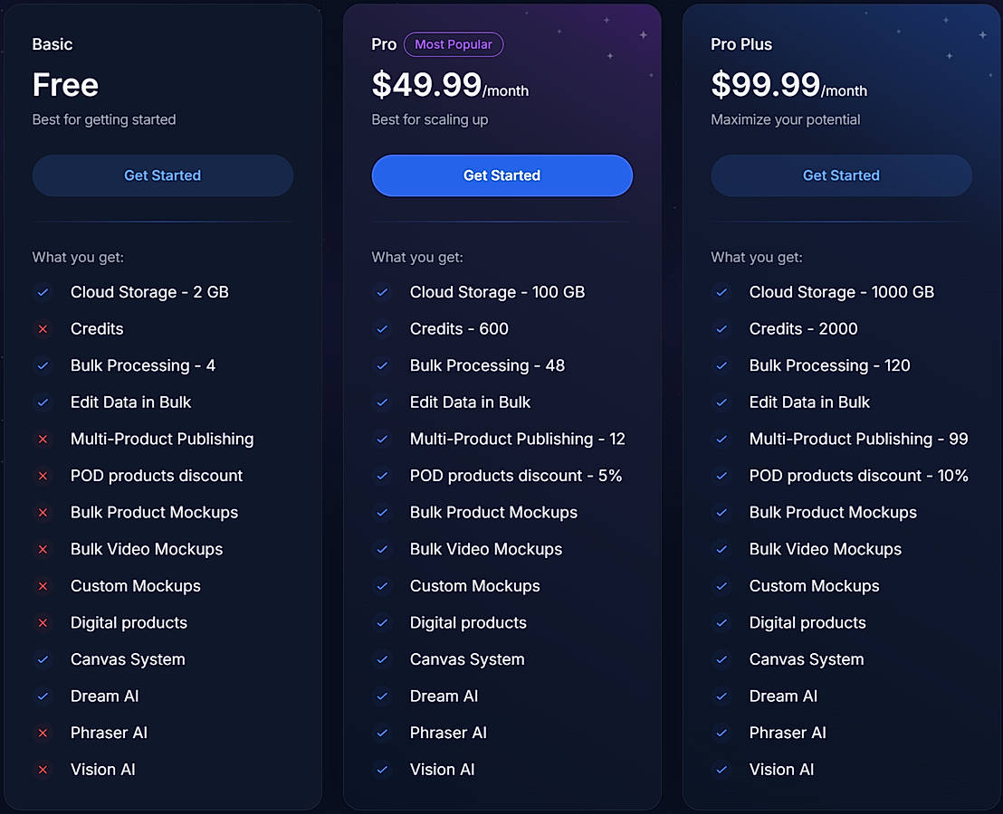Pricing screenshot
