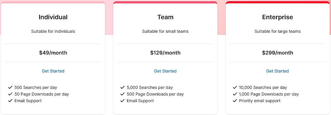 Pricing screenshot