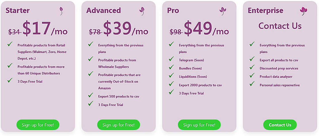 Pricing screenshot